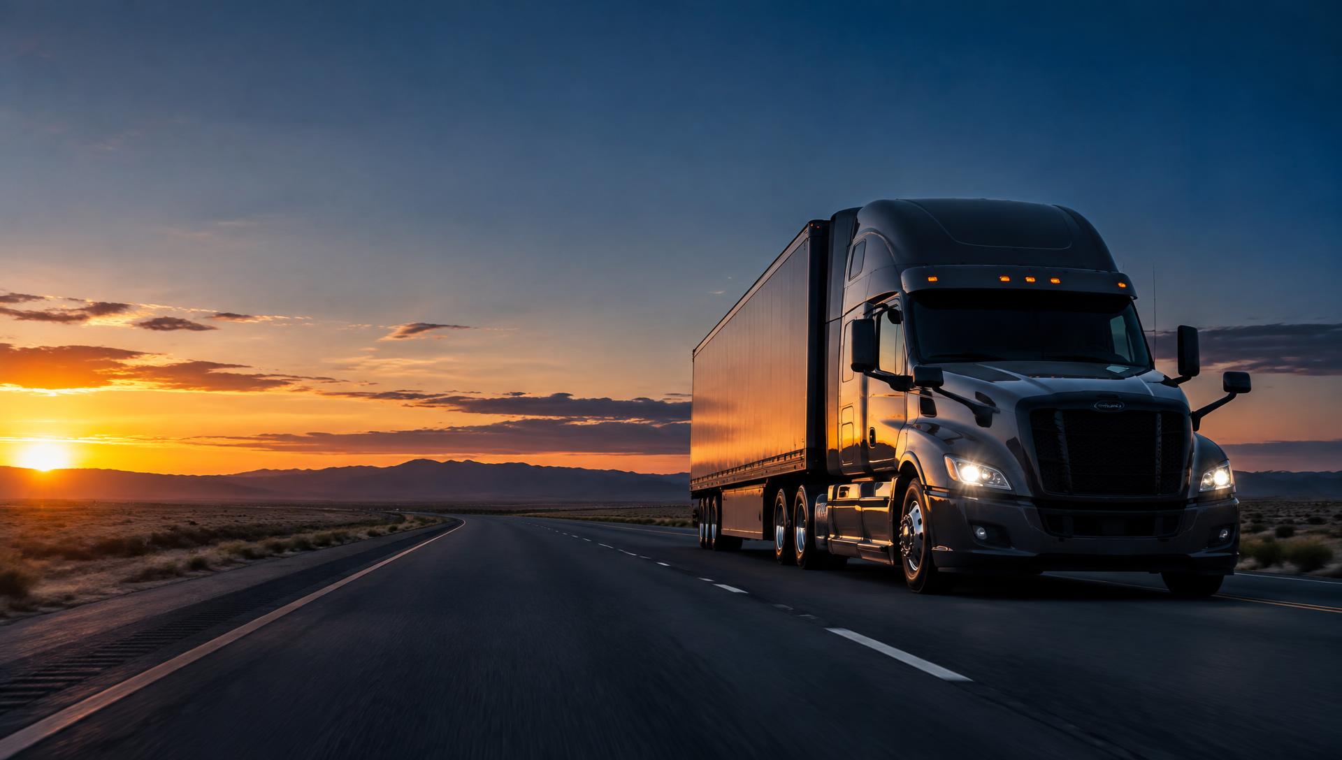 Semi truck on an open highway at dusk